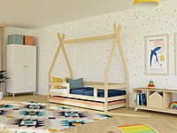 Cama infantil de madera SAFE en forma de tipi con tres protectores de cama Cama infantil de madera SAFE en forma de tipi con tres protectores de cama