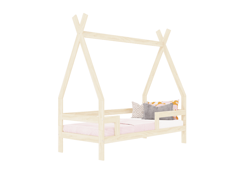 Cama infantil de madera SAFE en forma de tipi con tres protectores de cama Cama infantil de madera SAFE en forma de tipi con tres protectores de cama